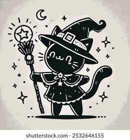 A whimsical Halloween-themed illustration featuring a black cat dressed in a witch costume, holding a magical staff. The cat, wearing a pointed witch hat, stands playfully as if casting a spell. The c