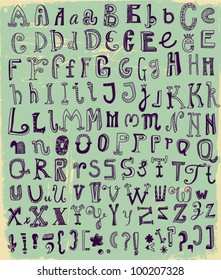 Letras do alfabeto desenhadas à mão caprichosas, com teclas mais comuns: pontos de interrogação, pontos de exclamação, vírgulas, colchetes, estrelas, etc.