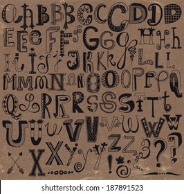 Whimsical Hand Drawn Alphabet Letters and Keystrokes - Doodle alphabet sets with  question marks, exclamation points, stars, "at" signs, dashes etc.