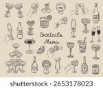 Whimsical hand drawn bar menu illustrations in trendy whimsical style. Perfect doodle for quirky italian wedding holiday, poster, dinner and bar menu, bachelorette party, birthday invitation, sign.