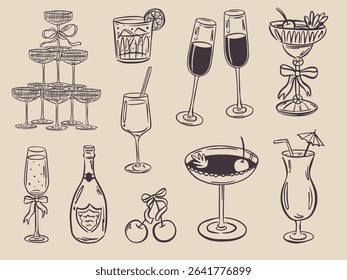 Whimsical hand drawn bar menu illustrations in trendy whimsical style. Perfect doodle for quirky italian wedding holiday, poster, dinner and bar menu, bachelorette party, birthday invitation, sign.