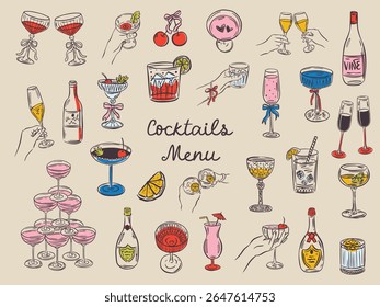 Whimsical hand drawn bar menu illustrations in trendy whimsical style. Perfect doodle for quirky italian wedding holiday, poster, dinner and bar menu, bachelorette party, birthday invitation, sign.