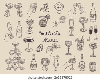 Whimsical hand drawn bar menu illustrations in trendy whimsical style. Perfect doodle for quirky italian wedding holiday, poster, dinner and bar menu, bachelorette party, birthday invitation, sign.