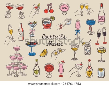 Whimsical hand drawn bar menu illustrations in trendy whimsical style. Perfect doodle for quirky italian wedding holiday, poster, dinner and bar menu, bachelorette party, birthday invitation, sign.