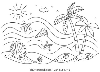 Whimsical hand drawn beach scene with palm trees starfish and seashells