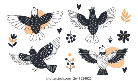 Whimsical hand drawn birds with spread wings and delicate floral accents create a charming and playful artistic composition