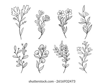Whimsical Hand Drawn Botanical Line Art. A collection of 8 elegant hand drawn botanical elements in minimalist line art style featuring wildflowers, and delicate leaves perfect for natural designs