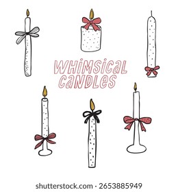Conjunto de Vector de velas dibujadas a mano caprichosas con arcos de cinta. Clipart lindos para las tarjetas de cumpleaños, postales, Plantillas de la boda