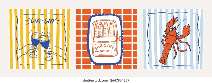 Whimsical hand drawn cards set. Two hands clink glasses of wine in a cheerful toast, tin of sardines and lobster. Summer vacation mediterranean. Seaside wedding coquette vector illustration