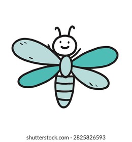 A whimsical hand drawn cartoon illustration of a smiling dragonfly with blue and teal wings on a white background