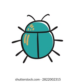 A whimsical hand drawn cartoon style beetle with teal blue wings and simple line art details isolated on a white background