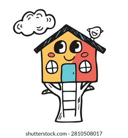 A whimsical hand drawn cartoon treehouse character with a smiling face windows a ladder and a bird on the roof set against a simple cloud background