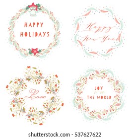 Whimsical hand drawn of celebration wreaths for happy holidays,happy new year,love and joy to the world.