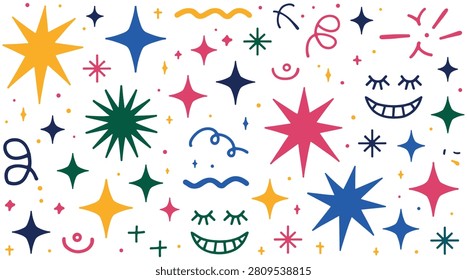 Whimsical hand drawn celestial stars and sparkles doodle set with sparkles celestial decorative colorful elements illustration