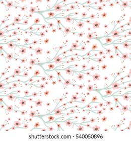 Whimsical hand drawn of Cherry Blossom Blooming,Hanami Celebration Festival,Lunar New Year,surface pattern background in spring season in Japan,China,Asia for design project,wallpaper,background.