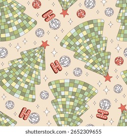 Whimsical Hand Drawn Christmas Tree Disco Ball Vector Seamless Pattern in Retro Groovy Style. Perfect for festive party wrapping paper, holiday fashion prints, textile, and winter celebration