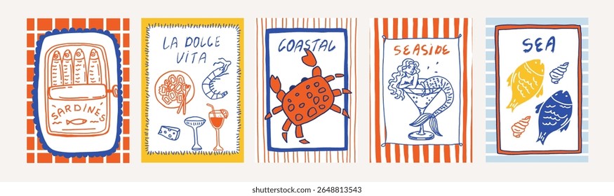 Whimsical hand drawn coastal cards set with sardines, italian food, mermaid and fish, crab. Summer mediterranean vacation on seaside. Wedding coquette greeting card template vector illustration