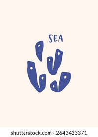 Whimsical hand drawn coastal poster. Corals vector illustration. Mediterranean sea style drawing. Marine life on beige background. Underwater aesthetic wall art. Undersea design