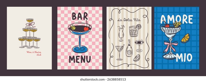 Whimsical hand drawn cocktails poster and menu template in trendy whimsical style. Perfect doodle for quirky italian dinner  restaurant and cafe, kitchen wall art, poster,  party, birthday, sign