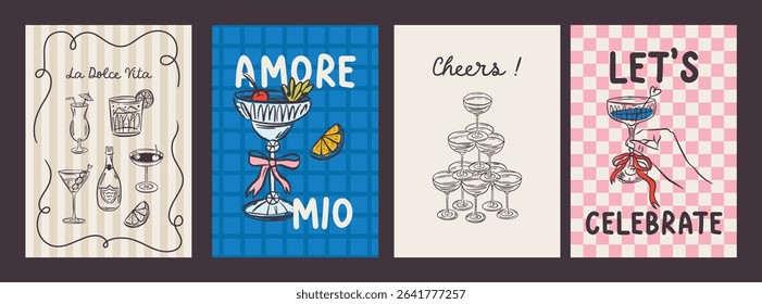 Whimsical hand drawn cocktails poster and menu template in trendy whimsical style. Perfect doodle for quirky italian dinner  restaurant and cafe, kitchen wall art, poster,  party, birthday, sign