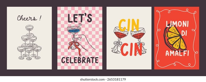 Whimsical hand drawn cocktails poster and menu template in trendy whimsical style. Perfect doodle for quirky italian dinner  restaurant and cafe, kitchen wall art, poster,  party, birthday, sign