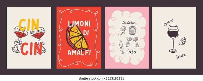 Whimsical hand drawn cocktails poster and menu template in trendy whimsical style. Perfect doodle for quirky italian dinner  restaurant and cafe, kitchen wall art, poster,  party, birthday, sign