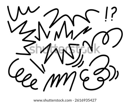 Whimsical Hand Drawn Comic Motion Stroke. A playful collection of 9 hand drawn comic-style motion and accent strokes featuring spiral, zigzags, and expressive symbols perfect for dynamic illustrations