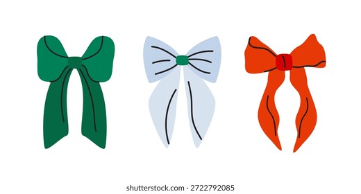 Caprichoso lazo y cinta lindos dibujados a mano en estilo retro de dibujos animados. Elegantes Elementos decorativos, accesorios para invitaciones de boda, marcos, regalos, vacaciones. Ilustración vectorial