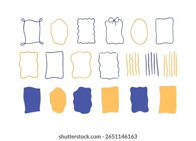 Ensemble de cadres mignons dessinés à la main fantaisiste. Doodle illustration vectorielle méditerranéenne frontière d'été. Dolce vita style de vie. Conception d'invitation ondulée minimaliste pour carte d'anniversaire, mariage, affiche