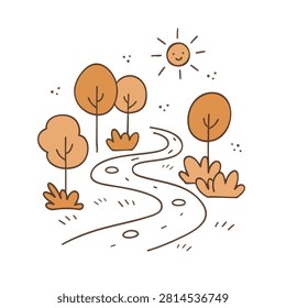 A whimsical hand drawn doodle of an autumn landscape featuring a winding path surrounded by trees and shrubs under a smiling sun