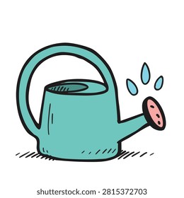 A whimsical hand drawn doodle of a blue watering can with water droplets isolated on a white background