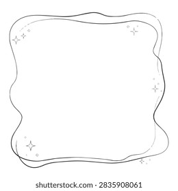 A whimsical hand drawn doodle border with wavy lines and small star sparkles isolated on a white background