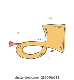 A whimsical hand drawn doodle of a brass horn or trumpet isolated on a plain background