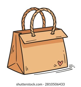 A whimsical hand drawn doodle of a brown paper shopping bag with rope handles and a small heart icon