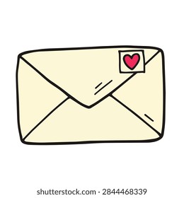 A whimsical hand drawn doodle of a closed paper envelope featuring a small pink heart shaped stamp in the corner