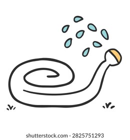 A whimsical hand drawn doodle of a coiled garden hose with water droplets spraying out, perfect for gardening themes.
