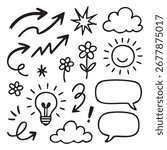Whimsical Hand Drawn Doodle Collection Featuring Arrows Stars Flowers Clouds Sun Lightbulb and Speech Bubbles Ideal for Creative Projects and Designs and adding a Touch of Fun