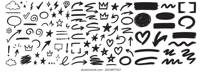 Whimsical Handgezeichnete Doodle-Sammlung von Pfeilen, Sternen und geometrischen Formen in Schwarz und Weiß für kreative Designs