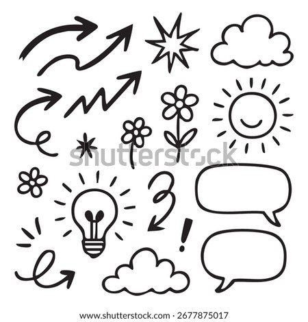 Whimsical Hand Drawn Doodle Collection Featuring Arrows Stars Flowers Clouds Sun Lightbulb and Speech Bubbles Ideal for Creative Projects and Designs and adding a Touch of Fun
