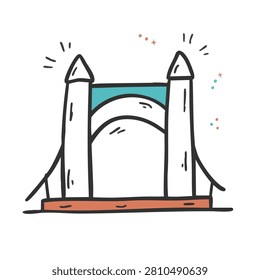 A whimsical hand drawn doodle of the famous Tower Bridge in London featuring stylized towers and a central archway with vibrant colors