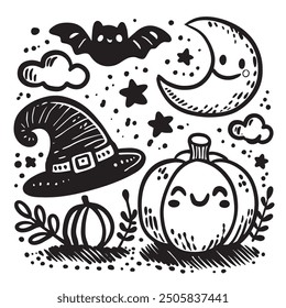 Whimsical hand drawn doodle featuring Halloween elements like pumpkin, witch hat, bat, moon, and stars, Each on a separate layer, can be removed or replaced.
