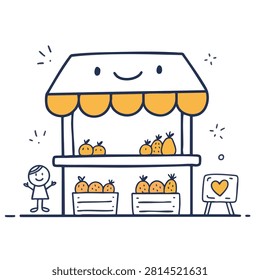 A whimsical hand drawn doodle of a friendly fruit market stall with crates of oranges and pineapples and a happy shopkeeper.