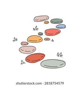 A whimsical hand drawn doodle of multi colored round stepping stones arranged in a winding path with small grass accents
