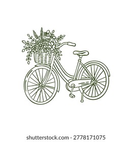 Whimsical hand drawn doodle retro bicycle with flower basket line art illustration