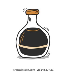 A whimsical hand drawn doodle of a rounded glass bottle filled with dark liquid and topped with a cork stopper isolated on white background