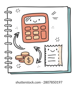 A whimsical hand drawn doodle showing a smiling calculator coins and a receipt inside a notebook representing budget tracking and personal finance management
