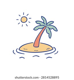 A whimsical hand drawn doodle of a small tropical island featuring a single palm tree and a bright sun in the sky