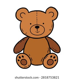A whimsical hand drawn doodle of a small brown teddy bear sitting down, isolated on a plain background