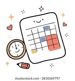 A whimsical hand drawn doodle of a smiling calendar with a matching clock and a small pencil on a white background