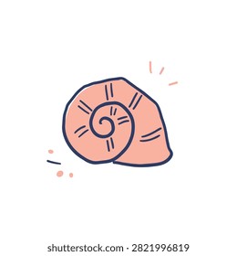 A whimsical hand drawn doodle of a spiral seashell in soft peach and dark blue lines on a white background